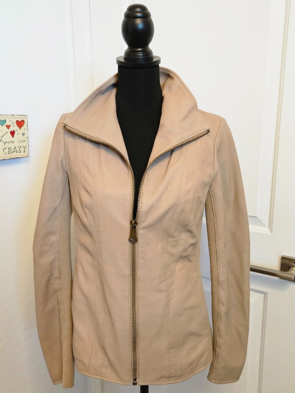 Andrew Marc Genuine Lambskin Leather Jacket Tan/Beige Funnel Neck size S